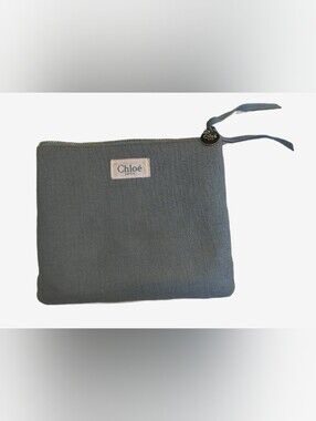 Chloe Parfums Slate Blue Linen Makeup Cosmetic Bag Pouch Gold Logo Zipper